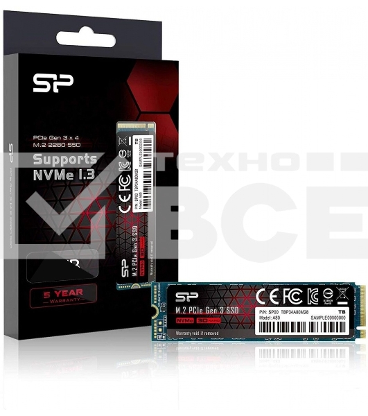 Накопитель SSD Silicon Power  M.2 2.0TB A80 <SP002TBP34A80M28> (PCI-E 3.0 х4, up to 3400/3000MBs, 3D TLC, NVMe 1.3, 22х80мм)