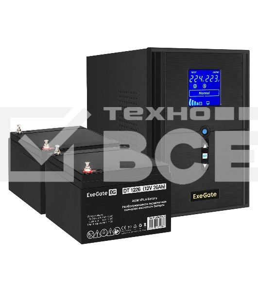Комплект Источник бесперебойного питания EX295989RUS + батарея 26Aч EX282970RUS 2шт (инвертор, синус, для котла) ExeGate SineTower SZ-2000.LCD.AVR.3SH.1C13.USB <2000VA/1600W, чистый синусоида, LCD дисплей, AVR, 3*Schuko+1*C13, USB, линейно-интерактивный, 