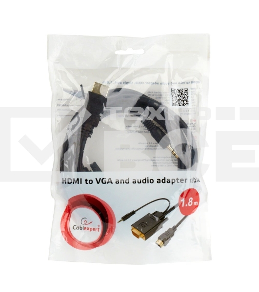Кабель HDMI->VGA Cablexpert A-HDMI-VGA-03-10, 19M/15M + 3.5Jack, медь, позол.разъемы, 3м, черный, пакет