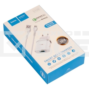 Сетевое зарядное устройство + Кабель Micro HOCO HC-16286 C12Q/1m/QC 3.0/1 USB/Выход: 5V_9V_12V, 18W, белый