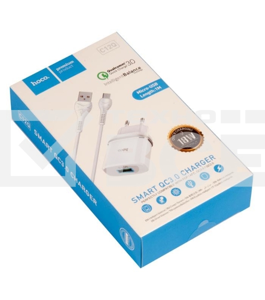 Сетевое зарядное устройство + Кабель Micro HOCO HC-16286 C12Q/1m/QC 3.0/1 USB/Выход: 5V_9V_12V, 18W, белый