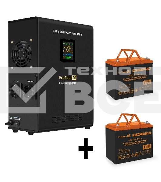 Комплект ИБП EX295998RUS + батарея 75Aч EX285653RUS 2шт (инвертор, синус, для котла, настенный) ExeGate FineSine SX-1500.LCD.AVR.2SH <1500VA/1050W, чистая синусоида, цветной LCD-дисплей, AVR, 2*Schuko, линейно-интерактивный, крепление настенное/универсаль