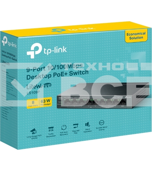 Настольный коммутатор TP-Link LS109P с 9 портами 10/100 Мбит/с (8 портов PoE+)