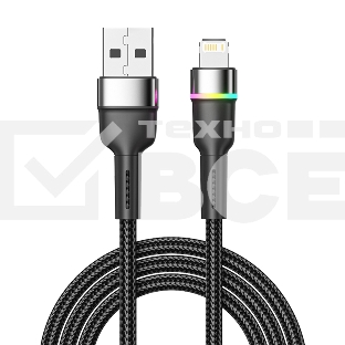 Кабель USB-A – Lightning для Apple, 2,4А, 1м, в черной нейлоновой оплетке, с LED подсветкой REXANT