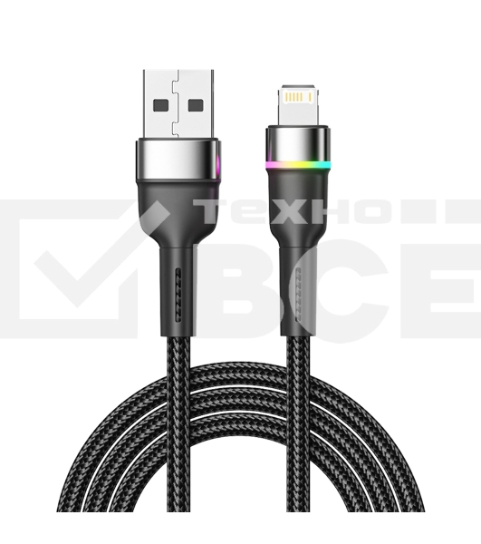 Кабель USB-A – Lightning для Apple, 2,4А, 1м, в черной нейлоновой оплетке, с LED подсветкой REXANT
