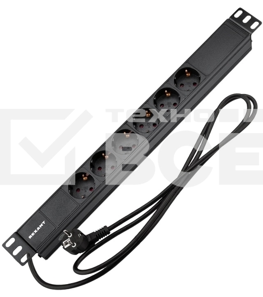 Блок распределения питания Rexant для 19' шкафов, горизонтальный, 6 розеток СЕЕ 7/4, 16A, без выкл, алюм корп, шнур 2м, вилка СЕЕ 7/7