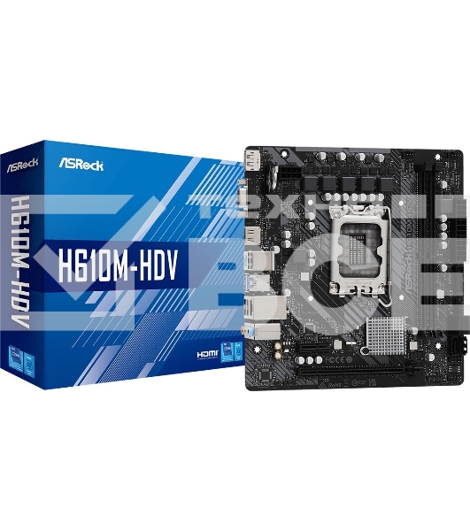 Материнская плата ASRock H610M-HDV, LGA 1700, Intel H610, 2xDDR4, 4xSATA, 1xPCIe 4.0 x16, 1xPCIe x1, 1xHDMI, 1xDP, 1xVGA, 1x 1Gb LAN, 2xUSB-A 3.2 Gen 1, 4xUSB-A 2.0, 3x3.5 мм, 7.1, mATX
