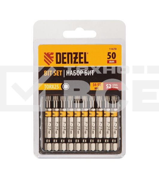 Набор бит TORX 25х50, сталь S2, шестигранный профиль, 10 шт. Denzel