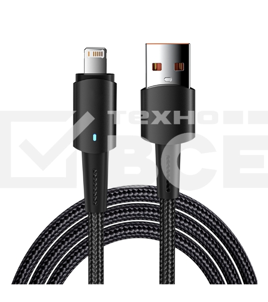Кабель USB-A – Lightning для Apple, 2,4А, 1м, в черной нейлоновой оплетке, со световой индикацией Rexant