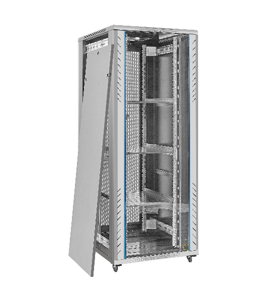 Шкаф телекоммуникационный 19' напольный 42U ExeGate EC-FS-42U.800.1000.G.V.GREY (19”, 42U, 800x1000x2054mm (ШхГхВ), передняя дверь закаленное стекло, задняя двойная перфорированная дверь, съемные боковые панели, пыле- и влагозащита IP20, встроенный вентиляционный модуль, 1 полка в комплекте, светло-серый RAL 7035, 3 коробки)
