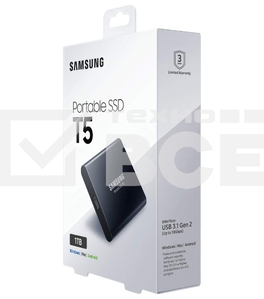 Внешний твердотельный накопитель SSD 1TB Samsung T5 (Up to 540Mb/s, USB 3.1 Type-C) (MU-PA1T0B/WW)