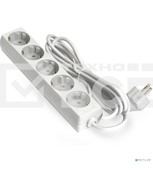 Удлинитель ExeGate ECE-5-5W (EX285827RUS), белый, 5 м, евровилка с заземлением, 5 евророзеток с заземлением, 2200 Вт