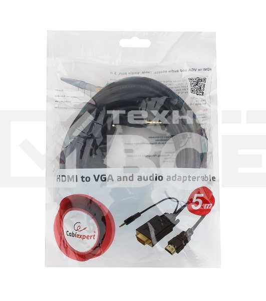 Кабель HDMI->VGA Cablexpert A-HDMI-VGA-03-5M, 19M/15M + 3.5Jack, медь, позол.разъемы, 5м, черный, пакет