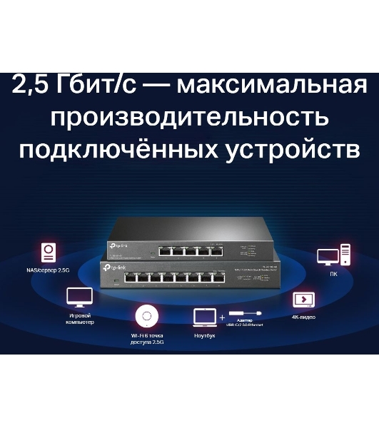 Коммутатор TP-Link 5-Port 2.5G Multi-Gigabit Desktop Switch, 5 × 2.5 G RJ45 Ports, Desktop Steel Case, Silent, Plug and Play, Wall mount.