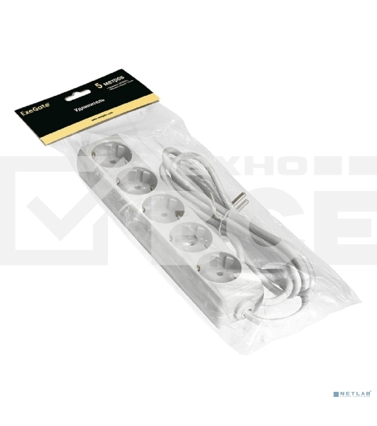 Удлинитель ExeGate ECE-5-5W (EX285827RUS), белый, 5 м, евровилка с заземлением, 5 евророзеток с заземлением, 2200 Вт