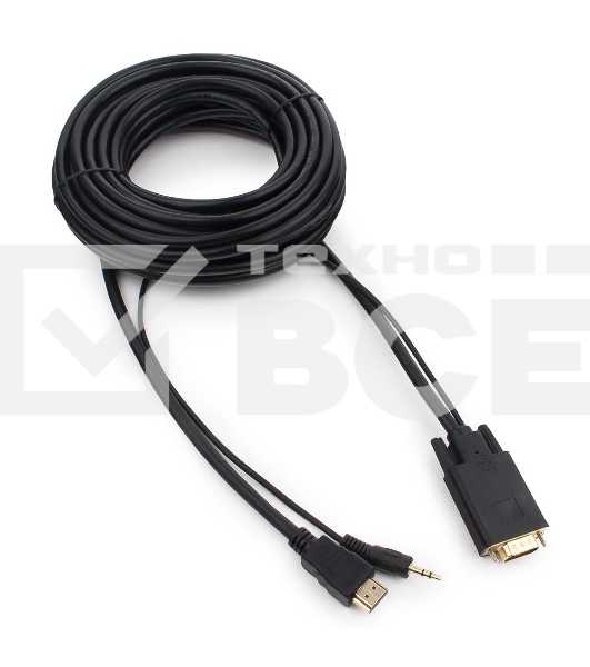 Кабель HDMI->VGA Cablexpert A-HDMI-VGA-03-10M, 19M/15M + 3.5Jack, медь, позол.разъемы, 10м, черный, пакет