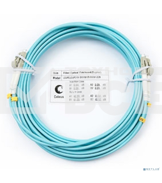 Комм. шнур оптический Cabeus Tight Buffer, Duplex LC/LC, OM3 50/125, LSZH, 5м, d= 3мм, серый хвостовик, аква
