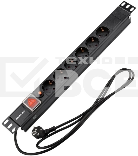 Блок распределения питания Rexant для 19' шкафов, горизонтальный, 6 розеток СЕЕ 7/4, 16A, фильтр, выкл, алюм корп, шнур 2м, вилка СЕЕ 7/7