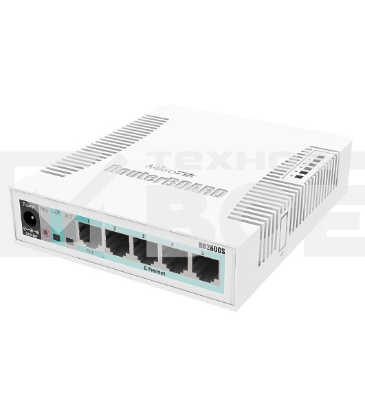 Сетевой коммутатор MikroTik RB260GS RouterBOARD 260GS 5-port Gigabit smart switch with SFP cage, SwOS, plastic case, PSU