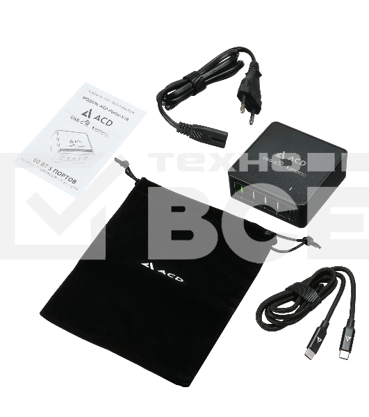 Сетевое зарядное устройство  ACD-P605U-V1B 60Вт,  5xUSB 1PD+1QC+3Smart, 3.6~20В/3А RTL