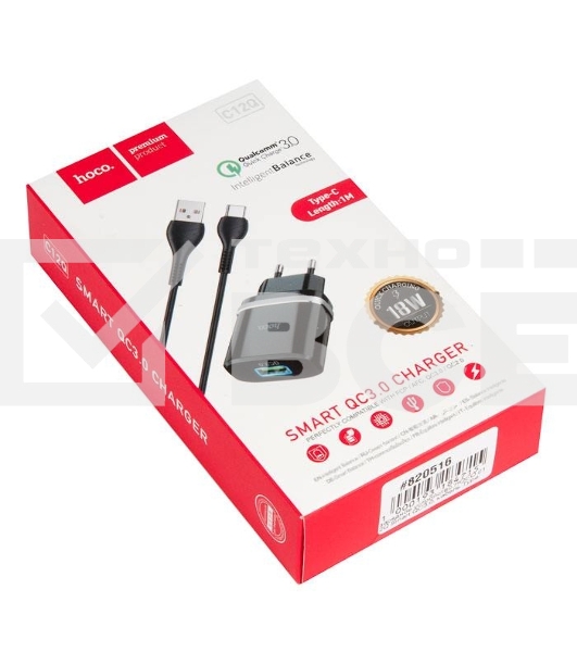 Сетевое зарядное устройство + Кабель Type-C HOCO HC-16293 C12Q/1m/QC 3.0/1 USB/Выход: 5V_9V_12V, 18W, черный