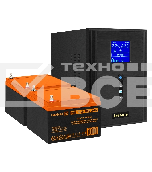 Комплект Источник бесперебойного питания EX295989RUS + батарея 26Aч EX285663RUS 2шт (инвертор, синус, для котла) ExeGate SineTower SZ-2000.LCD.AVR.3SH.1C13.USB <2000VA/1600W, чистый синусоида, LCD дисплей, AVR, 3*Schuko+1*C13, USB, линейно-интерактивный, 