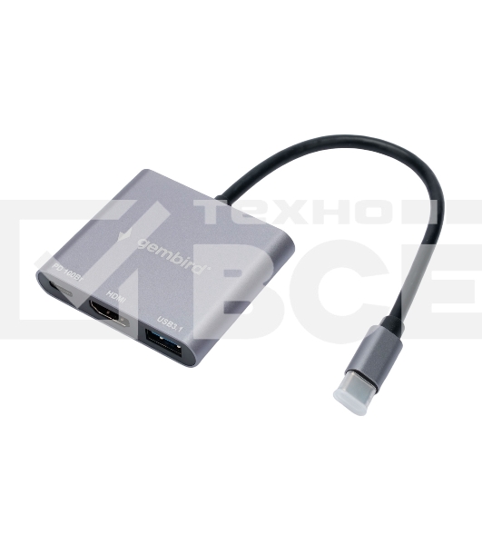 Док-станция Type-C Gembird UHB-D2, 3в1: USB3.1, Type-C PD100W, HDMI,  кабель 15см, алюминий