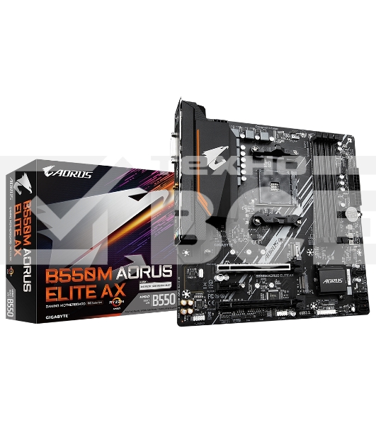 Материнская плата Gigabyte B550M AORUS ELITE AX, Socket AM4, AMD B550, 4xDDR4, 4xSATA, 2xM.2, 1xPCI-E 4.0 x16, 1xPCI-E 3.0 x4, 1xPCI-E x1, 1xDVI-D, 1xHDMI, 1x 1Gb LAN, 4xUSB-A 3.2 Gen 1, 4xUSB-A 2.0, 3x3.5 мм, 7.1, Micro-ATX