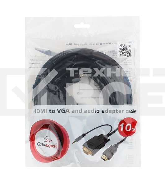 Кабель HDMI->VGA Cablexpert A-HDMI-VGA-03-10M, 19M/15M + 3.5Jack, медь, позол.разъемы, 10м, черный, пакет