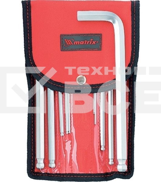 Набор ключей имбусовых Matrix HEX, 1,5–12 мм, CrV, 10 шт., удлиненные с шаром, сатин., чехол