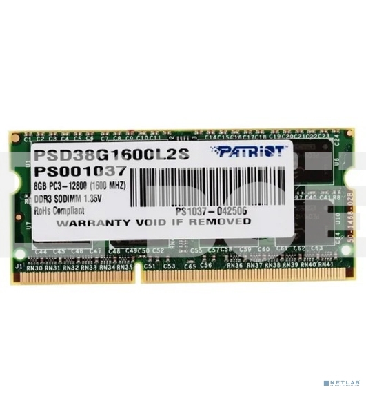 Оперативная память Patriot, DDR3L, 8GB (1x8 GB), 1600 MHz, CL11, SO-DIMM