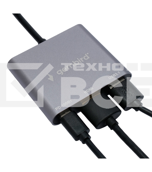 Док-станция Type-C Gembird UHB-D2, 3в1: USB3.1, Type-C PD100W, HDMI,  кабель 15см, алюминий