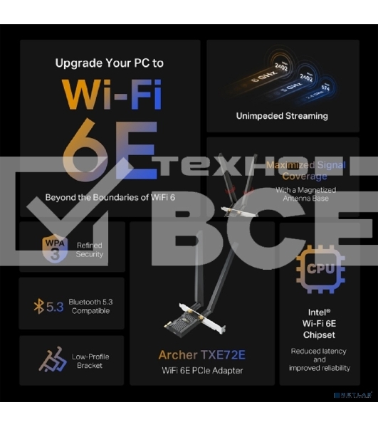 Трехдиапазонный беспроводной PCI Express-адаптер TP-Link Archer TXE72E AXE5400 Wi-Fi 6E с поддержкой Bluetooth 5.3
