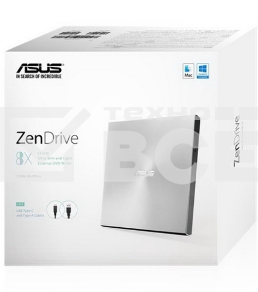Привод DVD-RW Asus SDRW-08U9M-U серебристый USB slim ultra slim M-Disk Mac внешний RTL