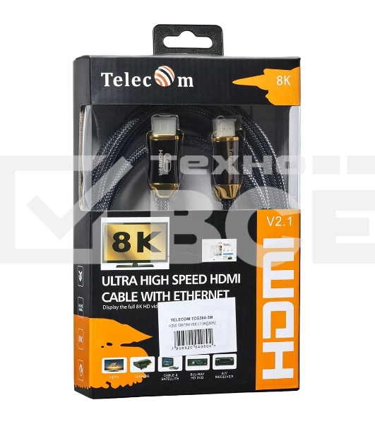 Кабель HDMI 19M/M,ver. 2.1, 8K@60 Hz 3m метал разъемы, нейлоновая оплетка Telecom <TCG300-3M>