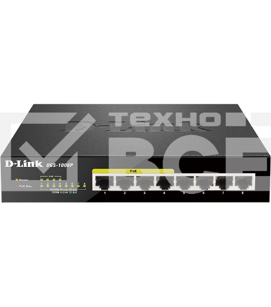 Коммутатор Unmanaged Switch with 8 10/100/1000Base-T ports (4 PoE ports 802.3af/802.3at (30 W), PoE Budget 68).8K Mac address, Auto-sensing, 802.3x Flow Control, Stand-alone, Auto MDI/MDI-X for each port, D-link Green technology, Metal case.Manual + Exter