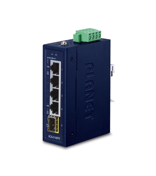 Коммутатор PLANET IGS-510TF IP30 Compact size 4-Port 10/100/1000T + 1-Port 100/1000X SFP Gigabit Ethernet Switch (-40~75 degrees C, dual 9~48V DC/24V AC)