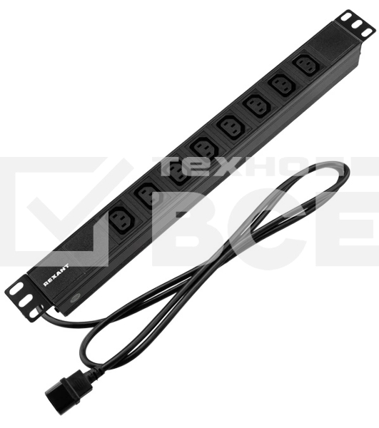 Блок распределения питания Rexant для 19' шкафов, горизонтальный, 8 розеток C13, 10A, без выкл, алюм корп, шнур 2м, вилка C14