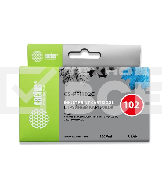 Картридж струйный Cactus CS-PFI102C синий (130мл) для Canon IP iPF500/iPF600/iPF700/ MFP M40/iPF765/LP17/LP24
