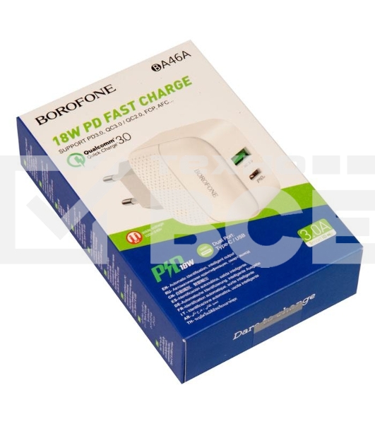 Сетевое зарядное устройство BOROFONE BA46A Premium, один порт USB, один порт Type-C, PD, 18W, 5V, 3.0A, белый