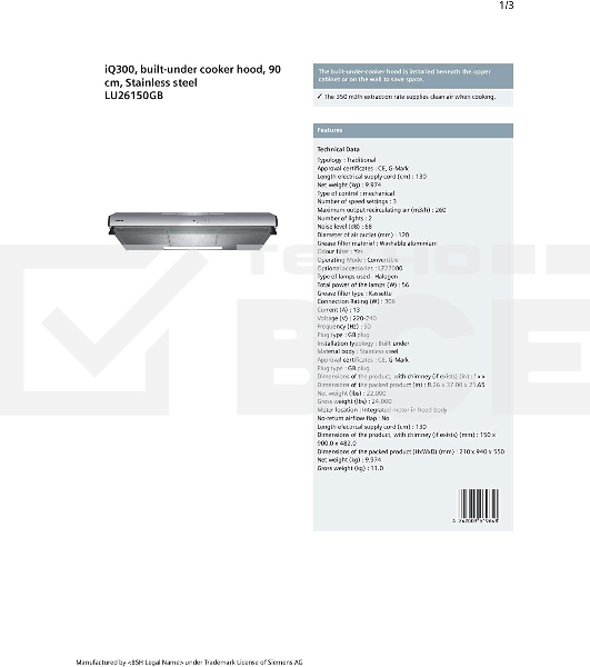 Вытяжка для настенного монтажа Siemens iQ300 LU26150GB, ширина 90см, нержавеющая сталь