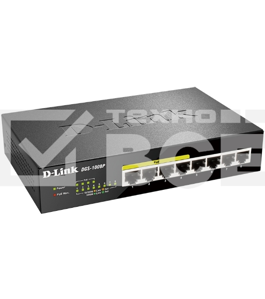 Коммутатор Unmanaged Switch with 8 10/100/1000Base-T ports (4 PoE ports 802.3af/802.3at (30 W), PoE Budget 68).8K Mac address, Auto-sensing, 802.3x Flow Control, Stand-alone, Auto MDI/MDI-X for each port, D-link Green technology, Metal case.Manual + Exter