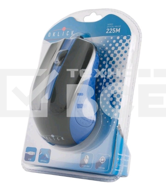 Мышь проводная Oklick 225M черный/синий, 1200 dpi, USB, кнопки - 3