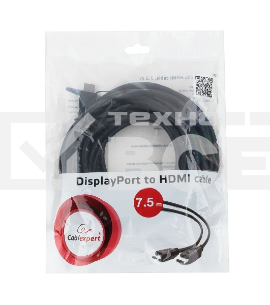 Кабель Cablexpert DisplayPort->HDMI, 7.5м, 20M/19M, черный, экран, пакет 