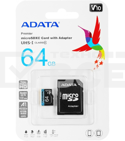 Флеш карта microSD 64GB ADATA microSDHC Class 10 UHS-I A1 100/25 MB/s (SD адаптер)