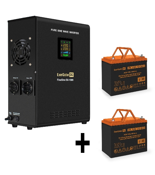 Комплект Источник бесперебойного питания EX295998RUS + батарея 80Aч EX285654RUS 2шт (инвертор, синус, для котла, настенный) ExeGate FineSine SX-1500.LCD.AVR.2SH <1500VA/1050W, чистая синусоида, цветной LCD-дисплей, AVR, 2*Schuko, линейно-интерактивный, крепление настенное/универсальное, Black> + батарея ExeGate HRL 12-80 (12В, 80Ач) 2шт