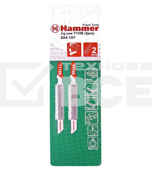 Пилка для лобзика Haммerflex 204-107 JG WD-PL T119B (2pcs) мягк.др\пл, 67мм, шаг 1.9-2.3, HCS, 2шт