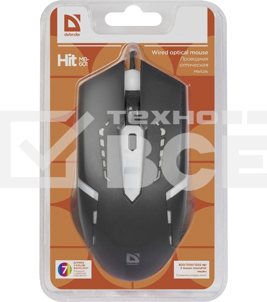 Мышь проводная Defender Hit MB-601 черный, 1200 dpi, USB, кнопки - 4