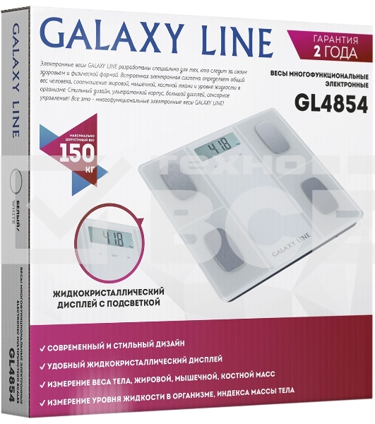 Весы напольные многофункциональные Galaxy Line GL 4854, белый, электронные, элемент питания типа «AAA», 2 шт в комплекте, сверхточная сенсорная электронная система, платформа из высокопрочного стекла, жидкокристаллический дисплей, максимально допустимый в