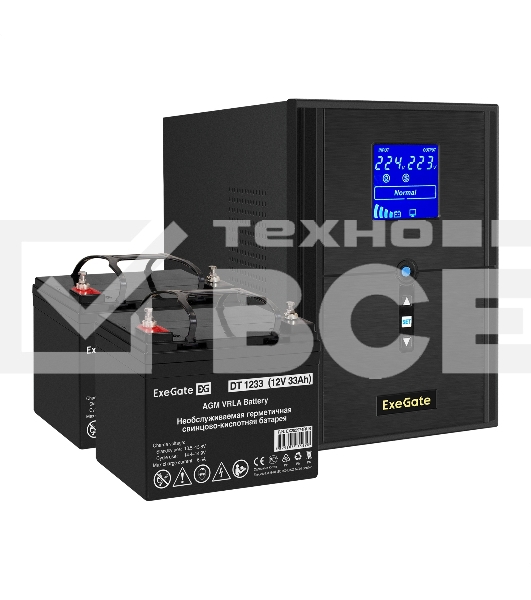Комплект ИБП EX295989RUS + батарея 33Aч EX282974RUS 2шт (инвертор, синус, для котла) ExeGate SineTower SZ-2000.LCD.AVR.3SH.1C13.USB <2000VA/1600W, чистый синусоида, LCD дисплей, AVR, 3*Schuko+1*C13, USB, линейно-интерактивный, Black> + батарея ExeGate DT 